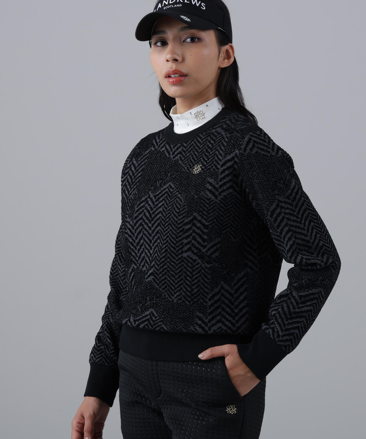 12Gヘリンボーンジャガード裏地付きクルーネックニットプルオーバー (WOMENS)