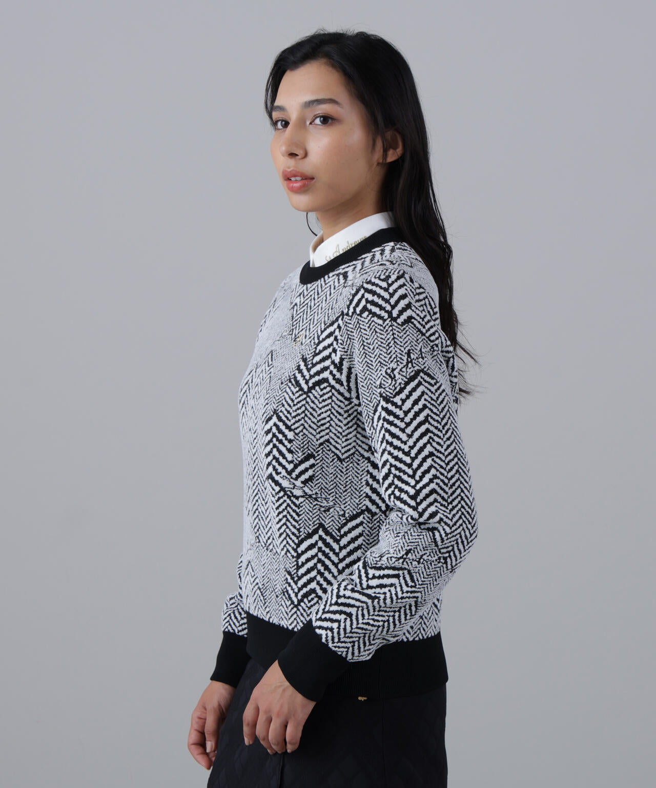 12Gヘリンボーンジャガード裏地付きクルーネックニットプルオーバー (WOMENS)