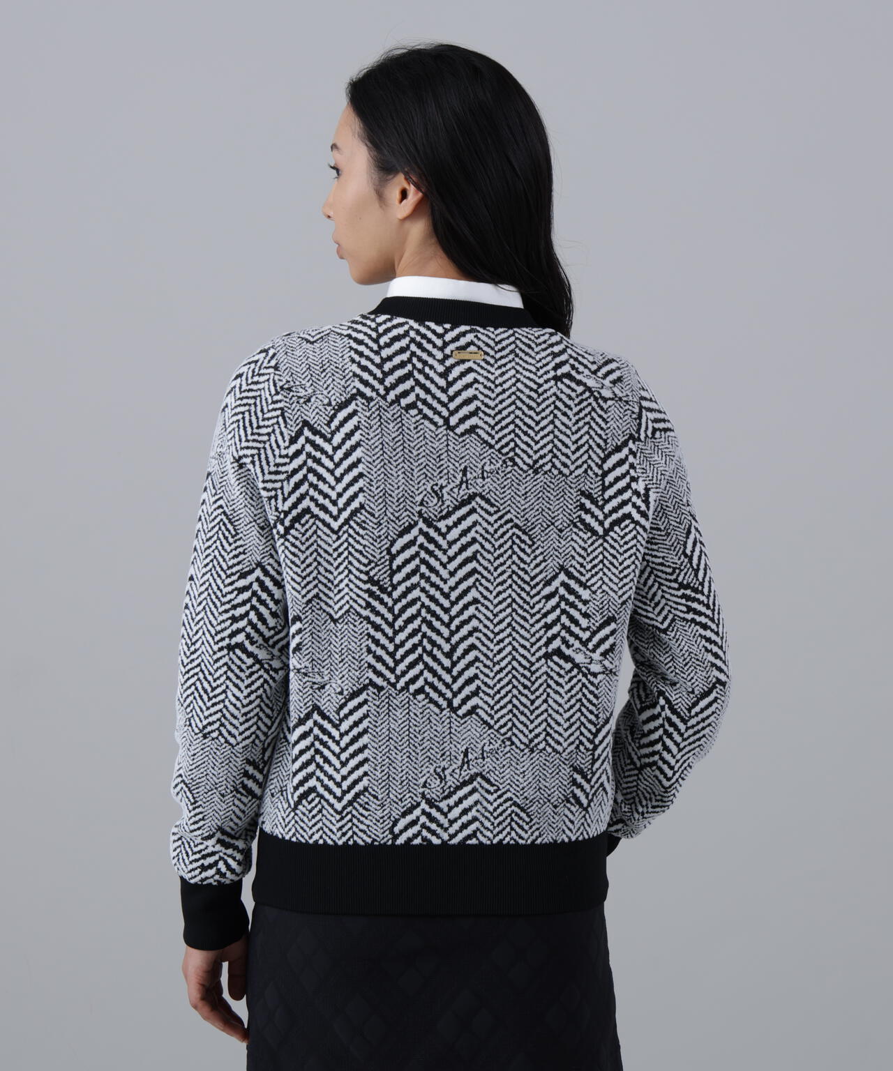 12Gヘリンボーンジャガード裏地付きクルーネックニットプルオーバー (WOMENS)