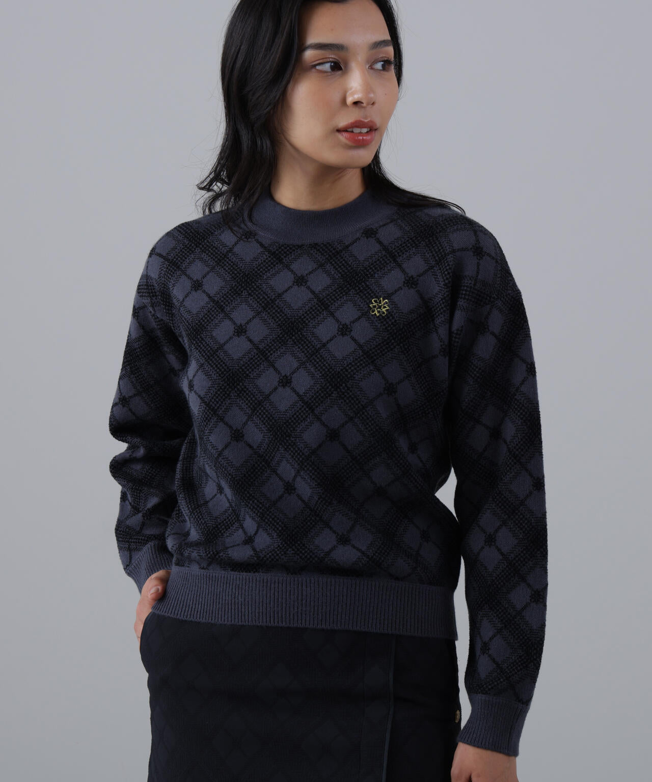 12Gケルトバイヤスチェックジャガードモックネックニットプルオーバー (WOMENS)