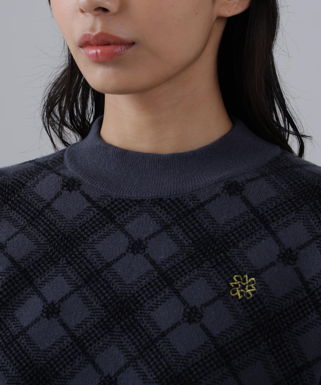 12Gケルトバイヤスチェックジャガードモックネックニットプルオーバー (WOMENS)