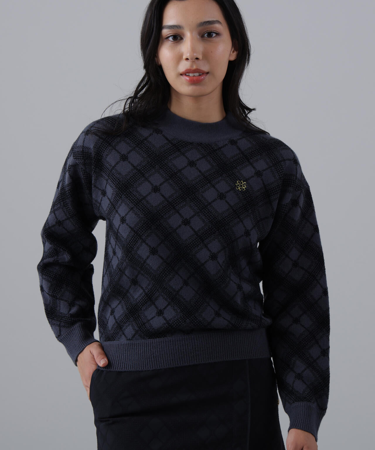 12Gケルトバイヤスチェックジャガードモックネックニットプルオーバー (WOMENS)