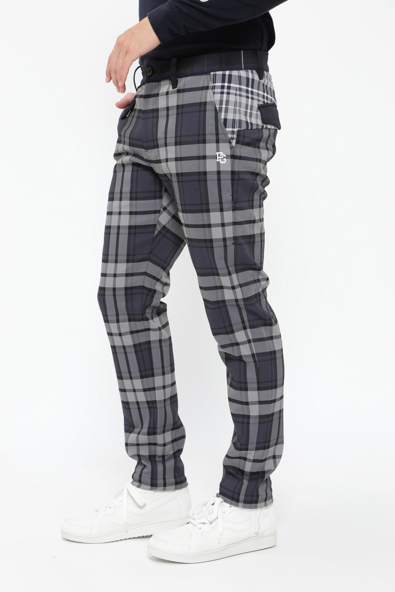 マルチチェック柄 ポリエステルストレッチチェック 5ポケットパンツ