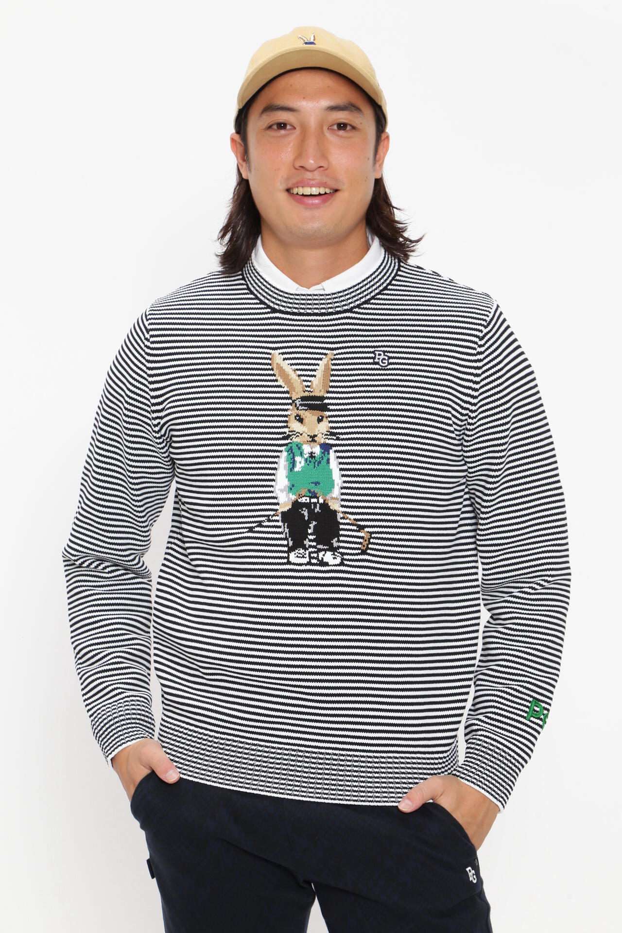 天竺＋手横インターシャ クルーネックニットプルオーバー ＜トラッドラビット＞