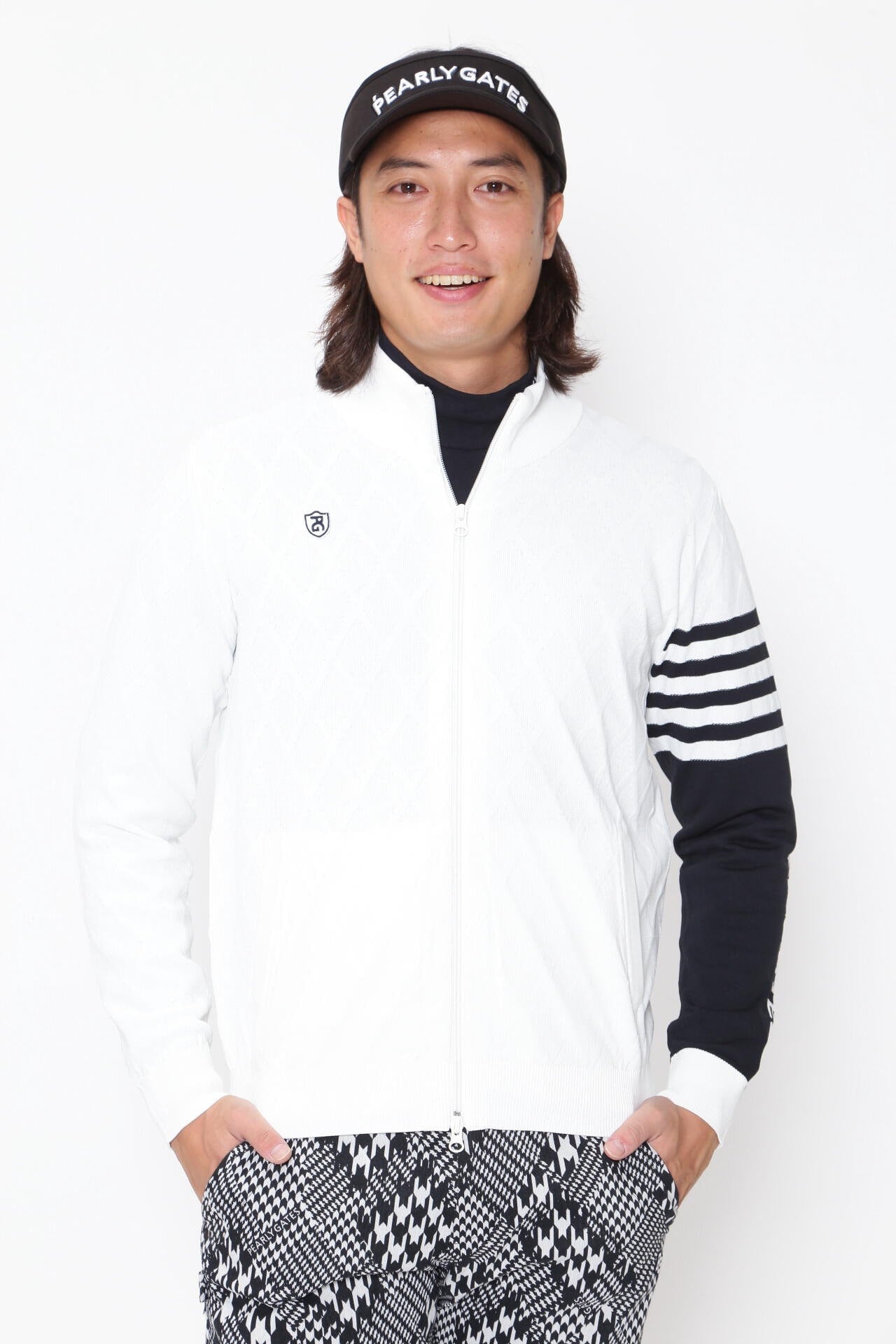 PEARLY GATES 袖中綿　ニット ジャケット アーガイル×ボーダー柄 ジャガード フルジップニットブルゾン ＜NEWアーガイル＞ | PEARLY