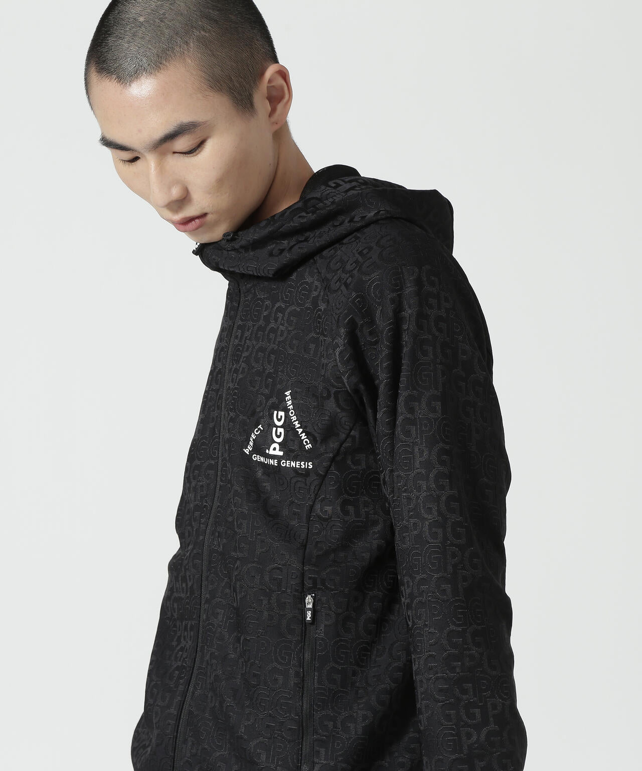 パーリーゲイツPGG ジャガードスムースボンディング黒パーカーサイズ1 PGG】【直営店舗&公式オンライン限定】ジャガードスムースボンディング