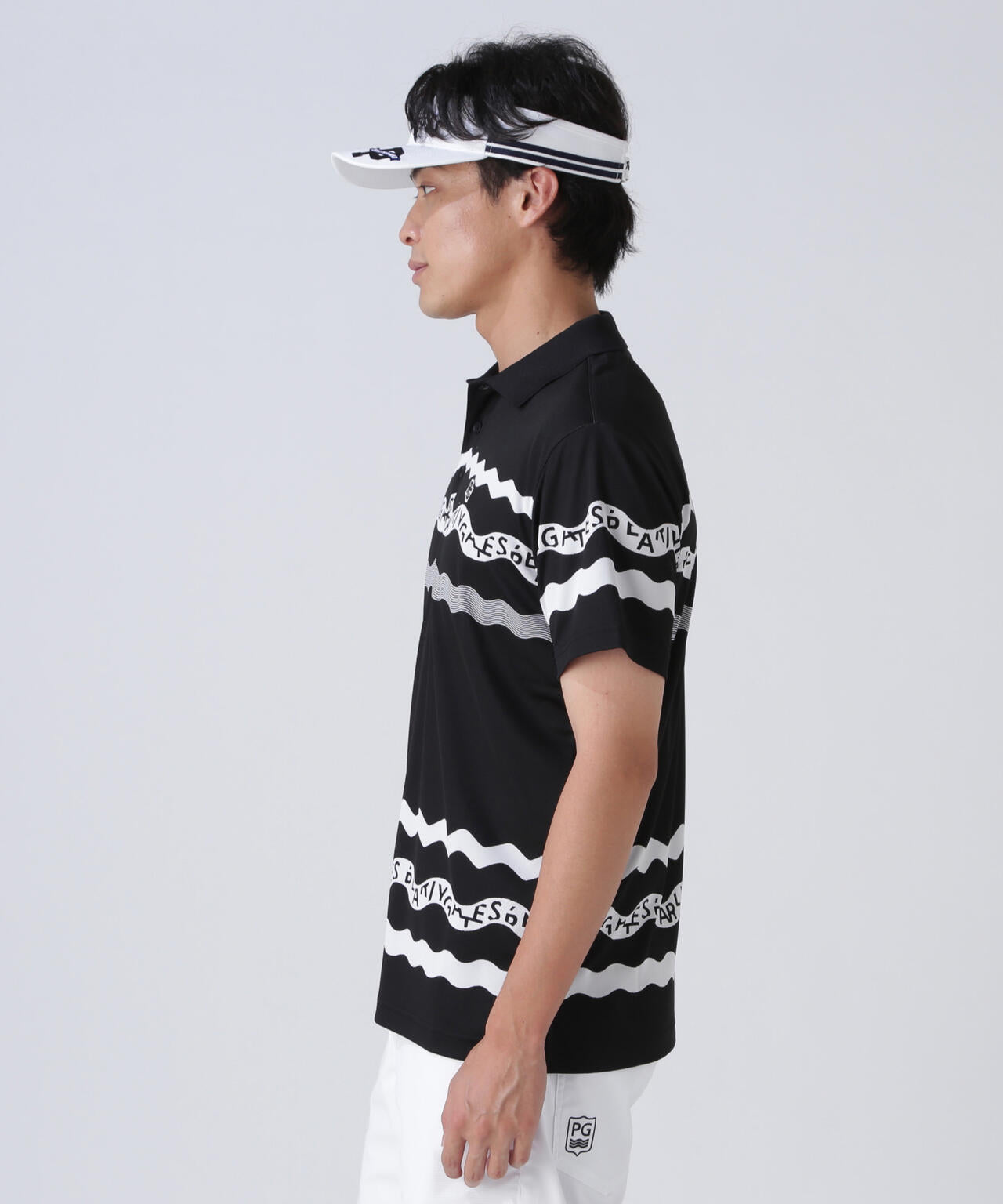 36Gパネルジャガード半袖ポロシャツ ＜ウェーブロゴボーダー柄＞