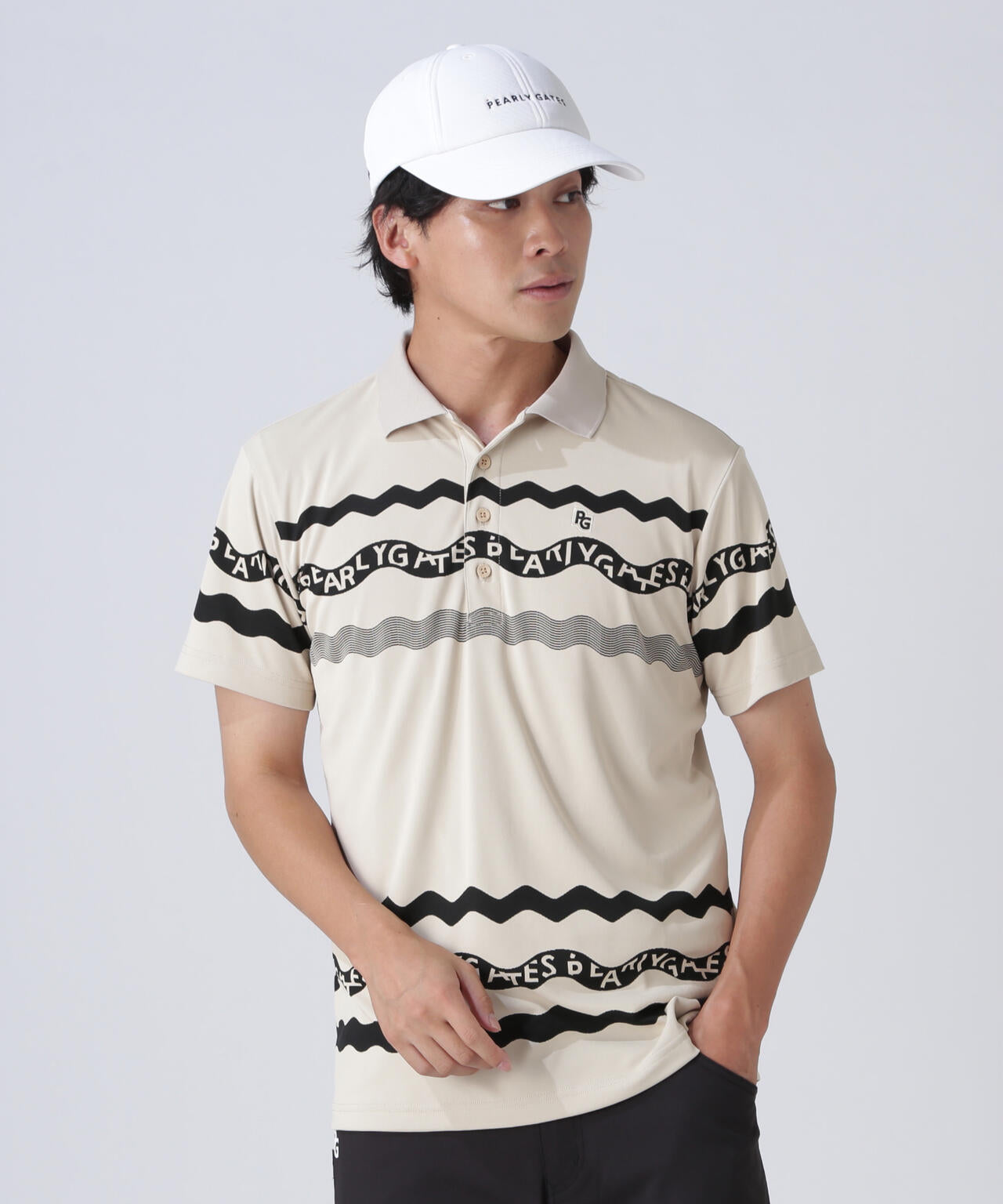 36Gパネルジャガード半袖ポロシャツ ＜ウェーブロゴボーダー柄＞