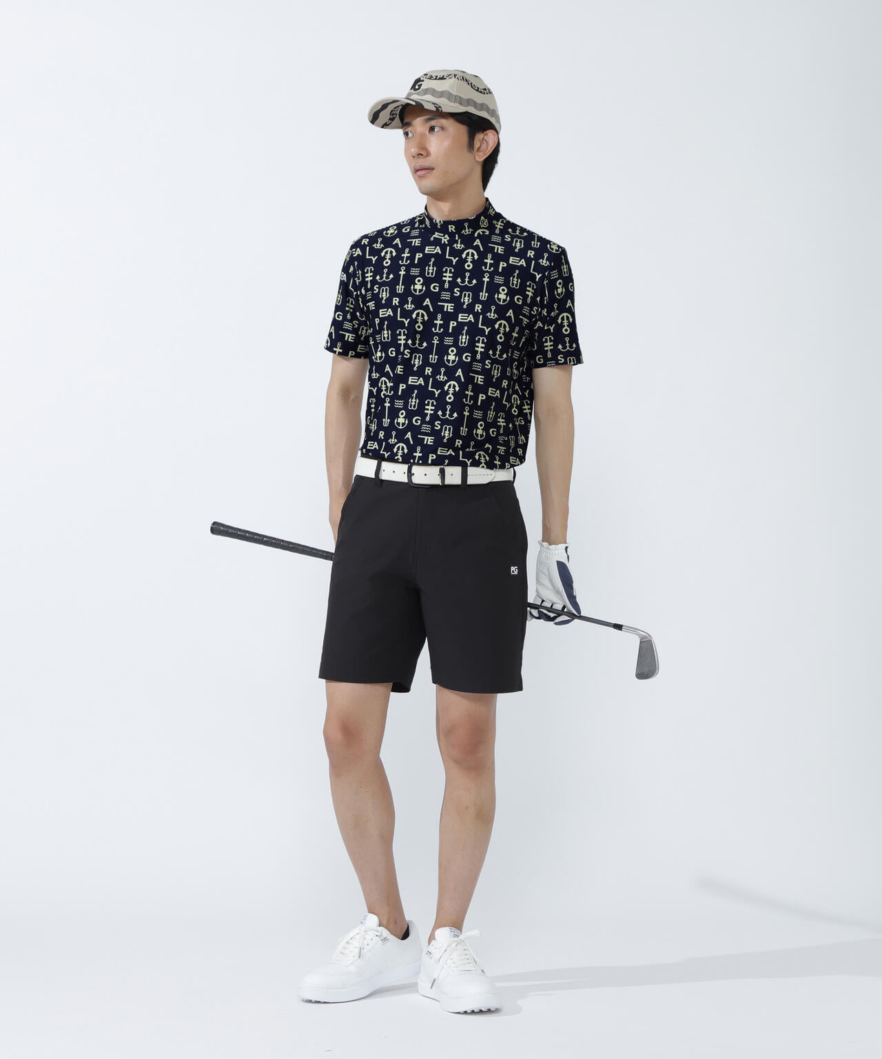 アンカーロゴ柄プリント半袖モックネックカットソー