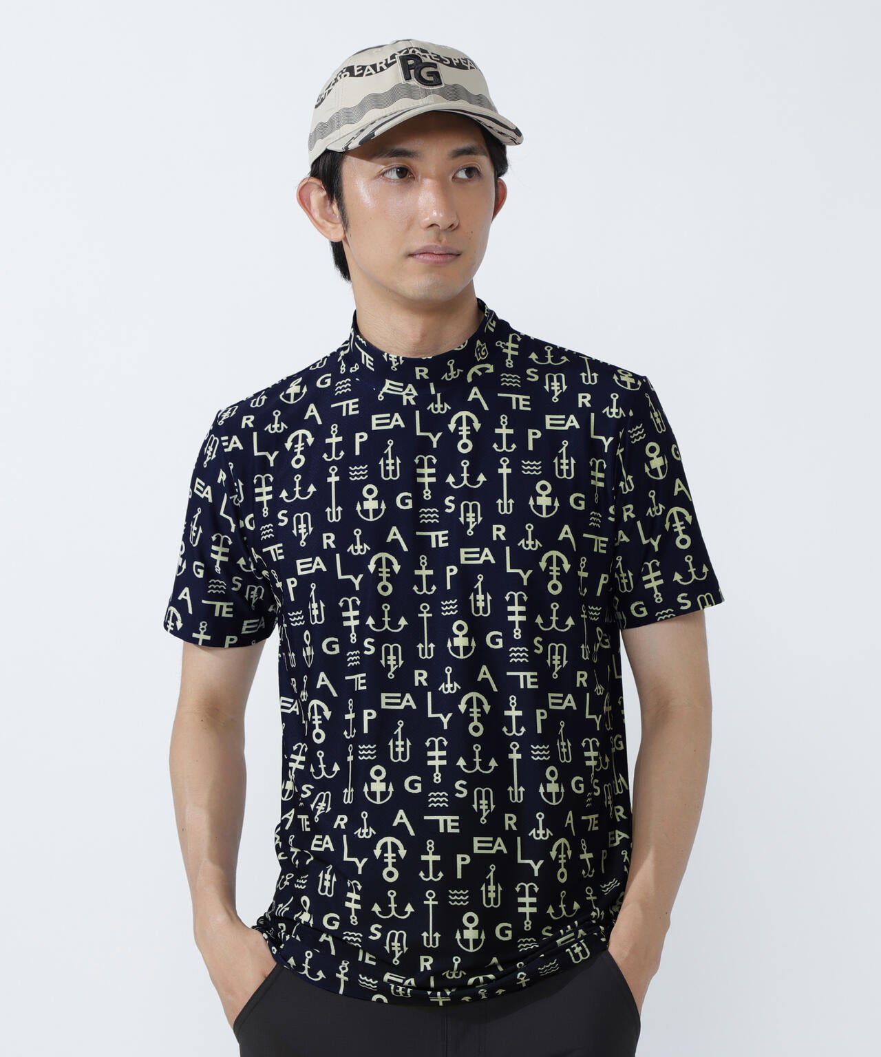 アンカーロゴ柄プリント半袖モックネックカットソー