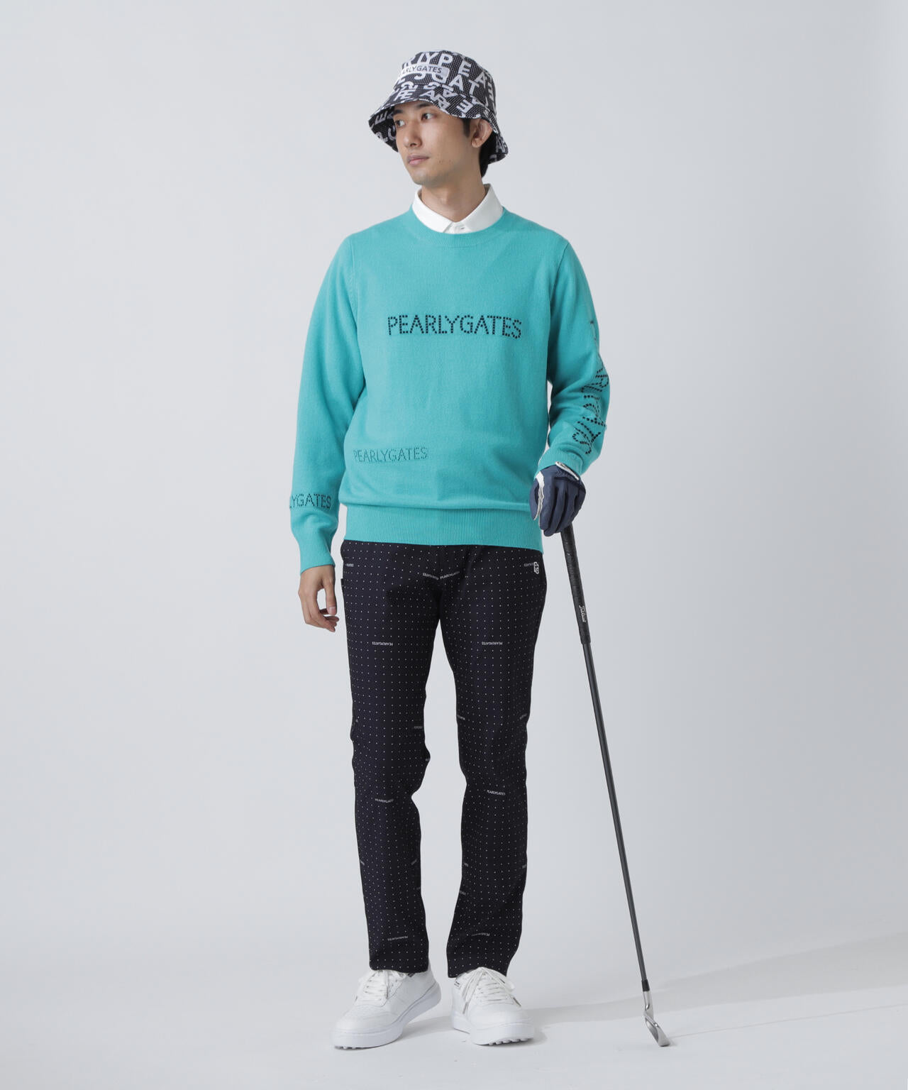 PEARLY GATES パーリーゲイツ カシミヤ100% ニット セーター 5 12G部分ジャガードカシミヤ100クルーネックニットプルオーバー