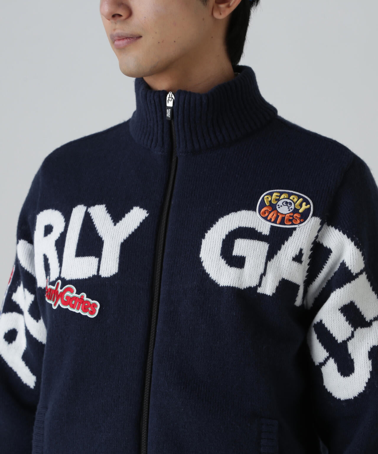 7G部分ジャガード×ストレッチ裏地フルジップニットブルゾン | PEARLY