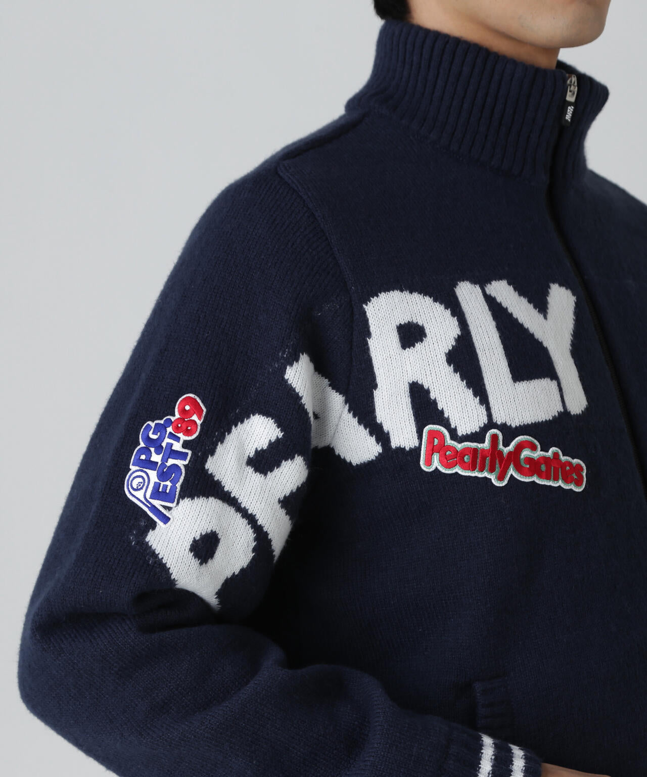 パーリーゲイツ　パーカー　裏綿　サイズ5 新品 7G部分ジャガード×ストレッチ裏地フルジップニットブルゾン | PEARLY