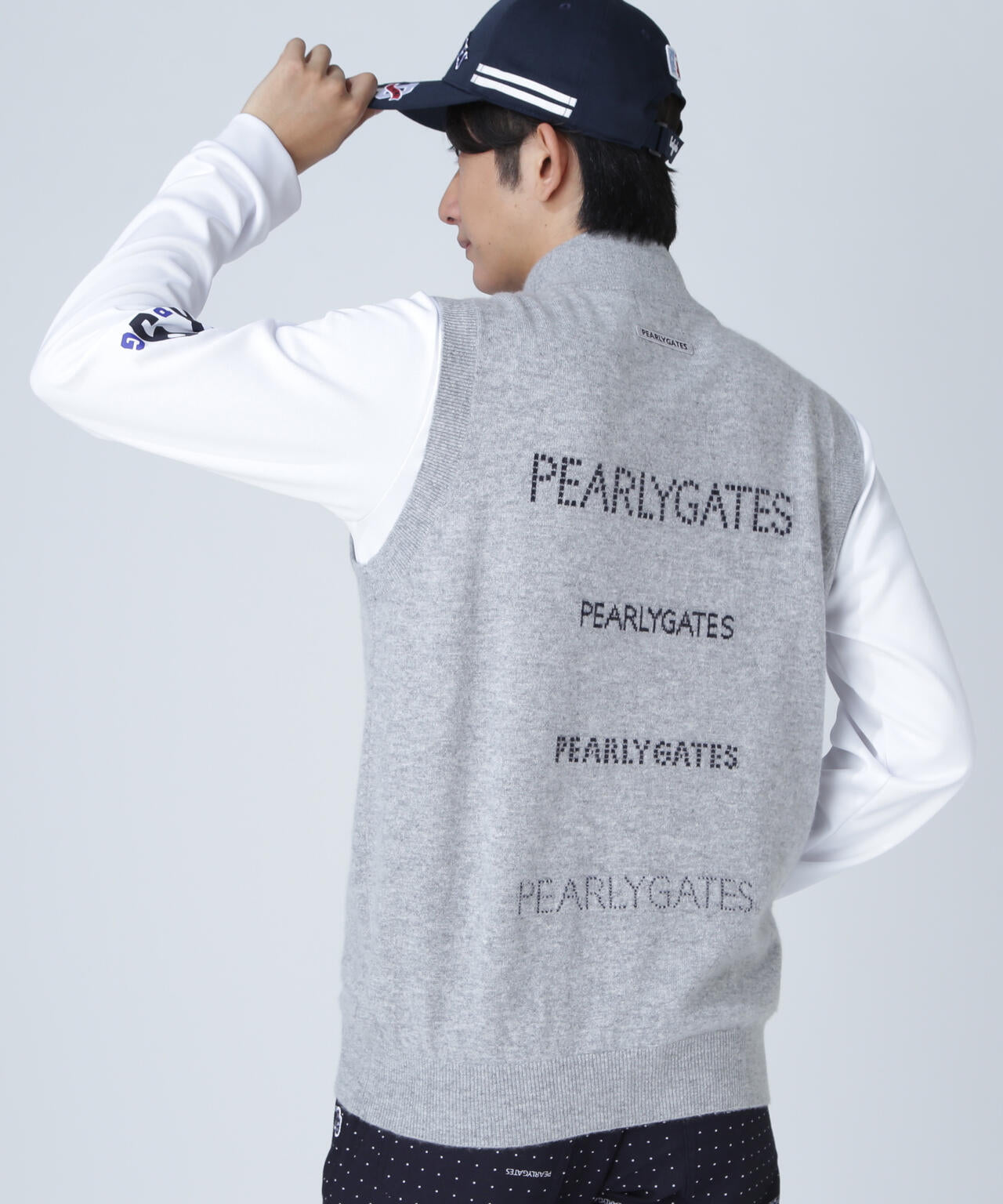 未使用級 パーリーゲイツ 12G部分ジャガードカシミヤ ジップニットベスト 現行 12G部分ジャガード カシミヤ100 フルジップアップニットベスト