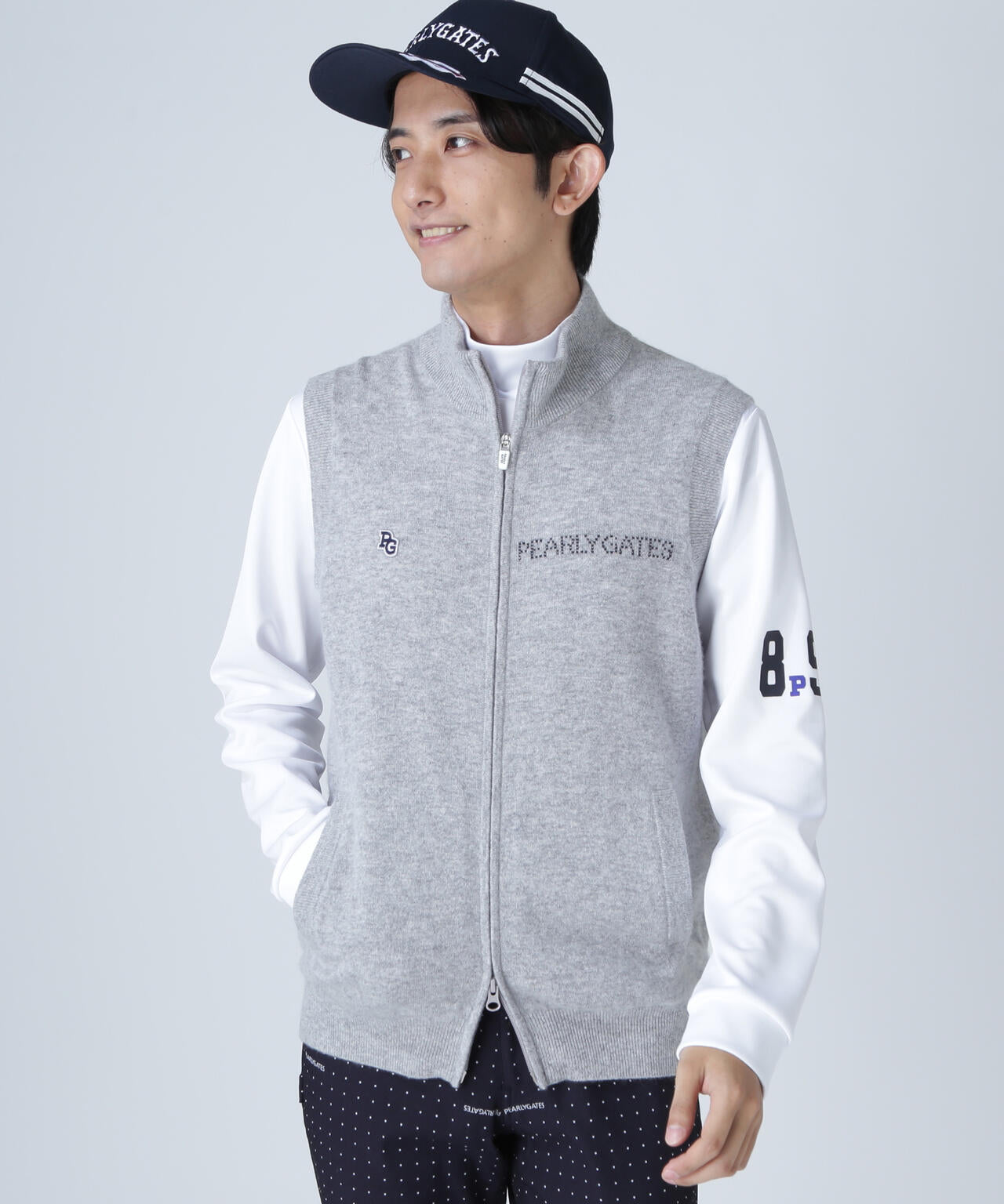PEARLY GATES カシミヤ100 フルジップアップニットベスト 12G部分ジャガード カシミヤ100 フルジップアップニットベスト