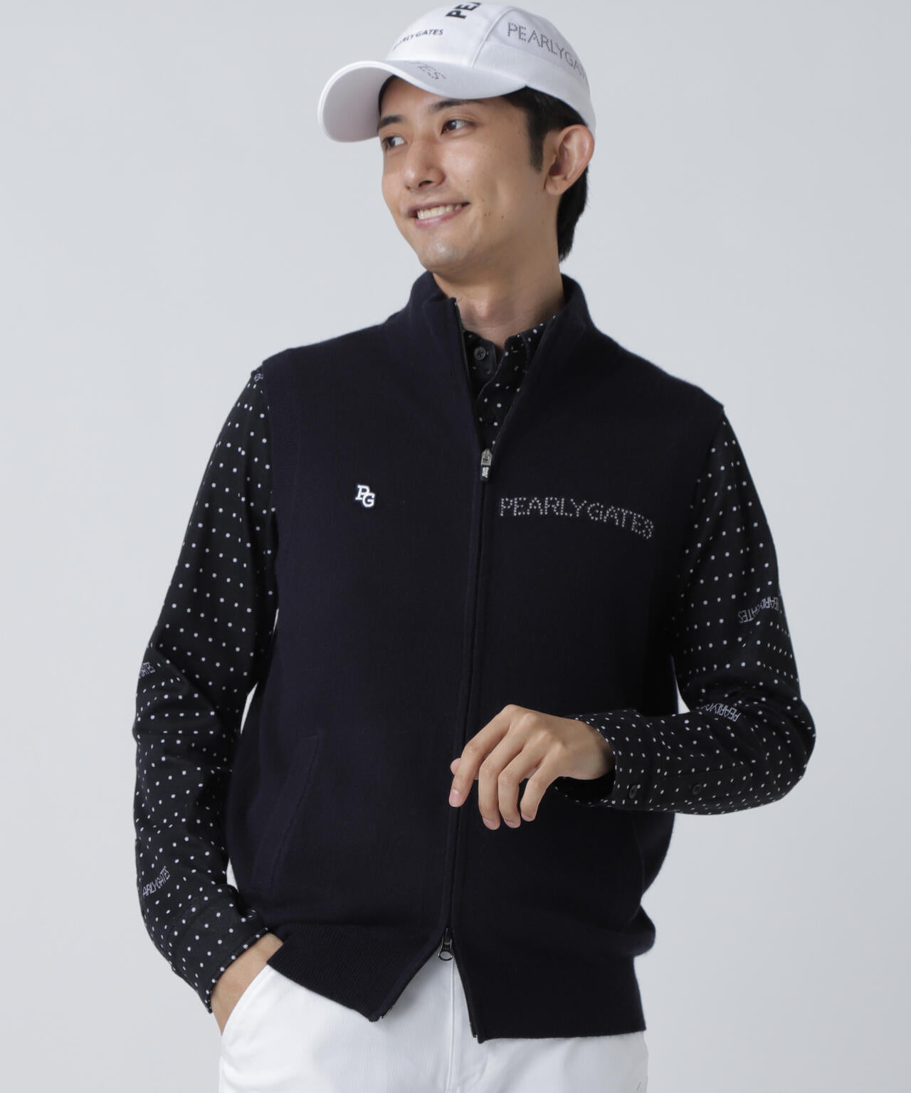 12G部分ジャガード カシミヤ100 フルジップアップニットベスト