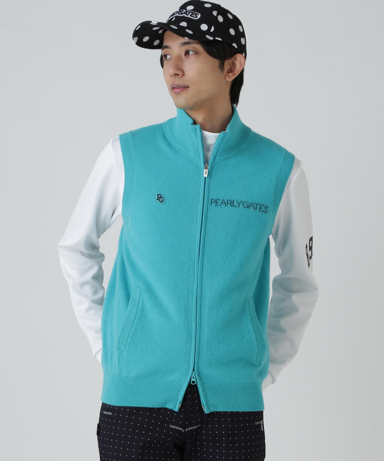 12G部分ジャガード カシミヤ100 フルジップアップニットベスト