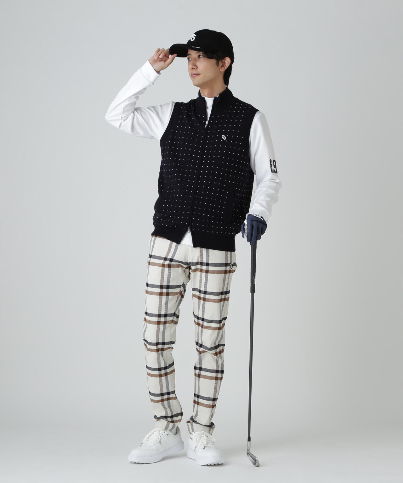 14Gダブルジャガードカシミヤ混フルジップニットベスト ＜ミニドット柄＞