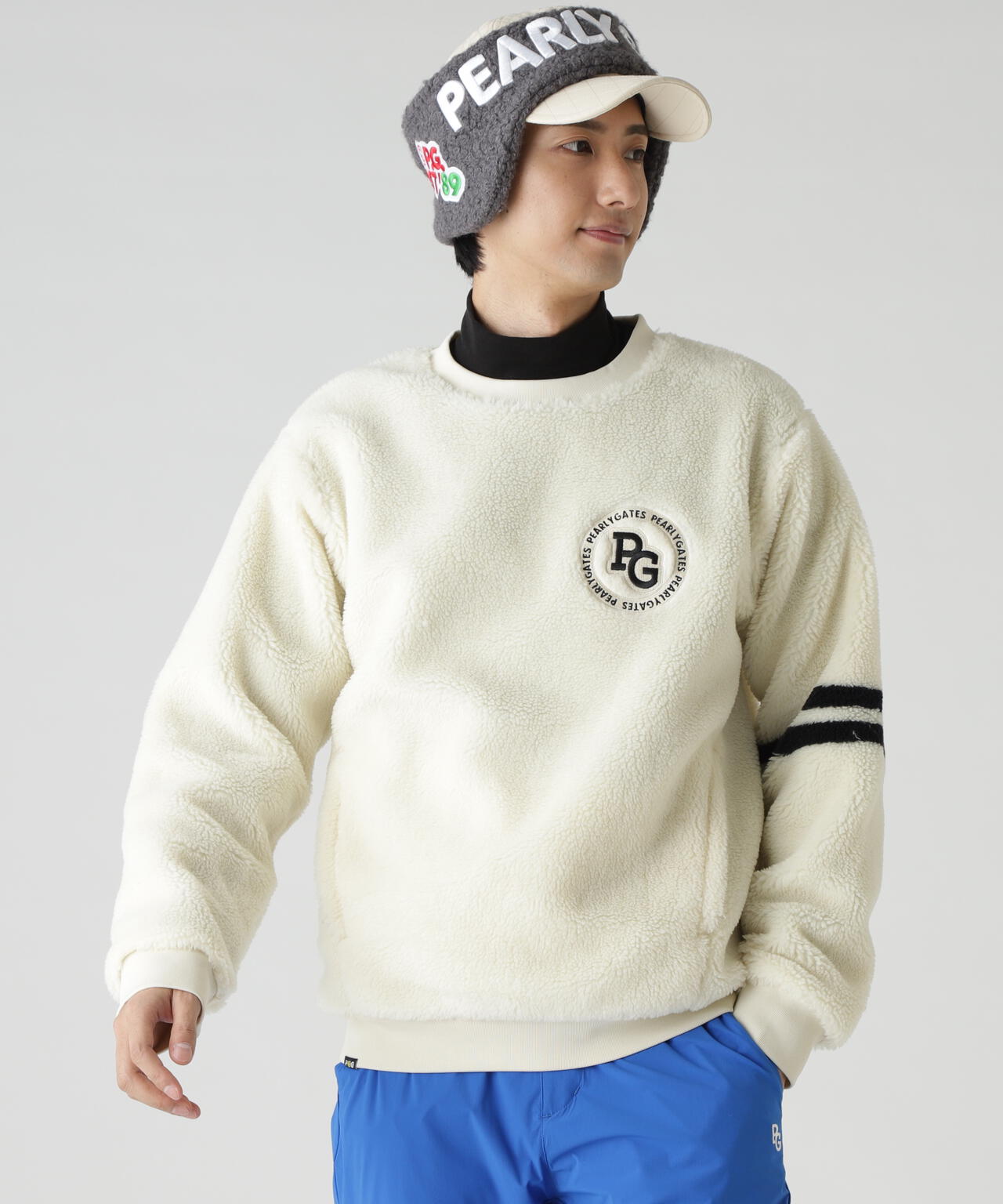 ✨美品✨日本製 パーリーゲイツ 快適メッシュニットブルゾン ホワイト 5 L ハイパイルボアパネルJQクルーネックカットソー | PEARLY GATES