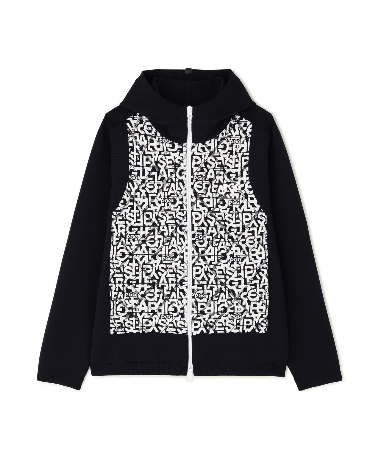 【PGG】【直営店舗&公式オンライン限定】ジャガードポリエステルヤーンmm フルジップニットフーディ ＜ロゴ総柄＞ (MENS)