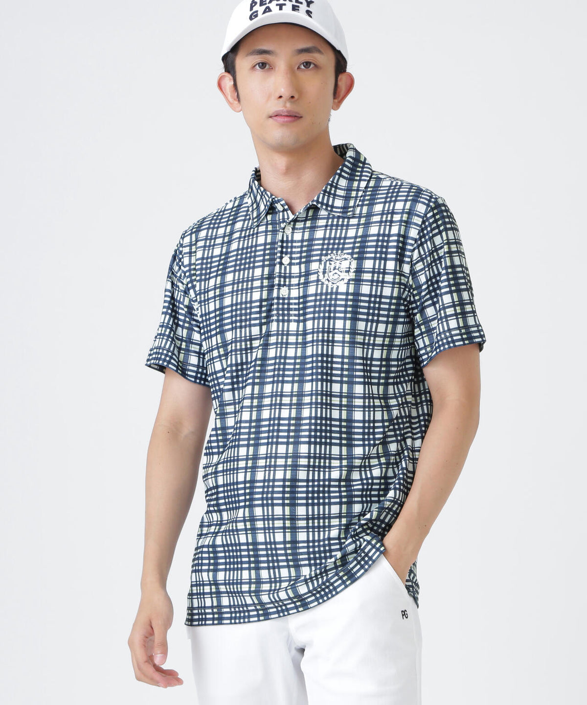 メッシュジャガード半袖ポロシャツ ＜チェック柄＞ (MENS)　