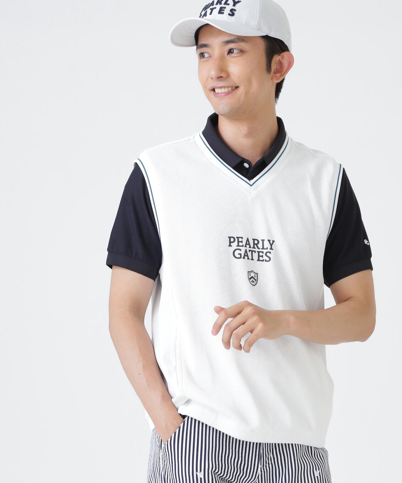 メッシュアンドメッシュVネックベスト (MENS) | PEARLY GATES