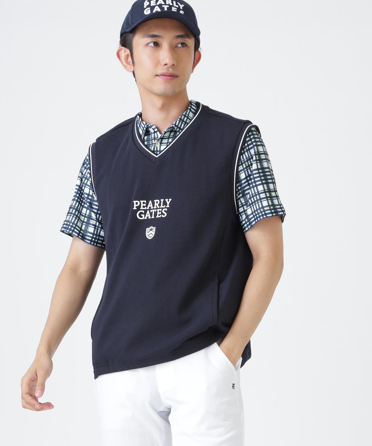 メッシュアンドメッシュVネックベスト (MENS) | PEARLY GATES