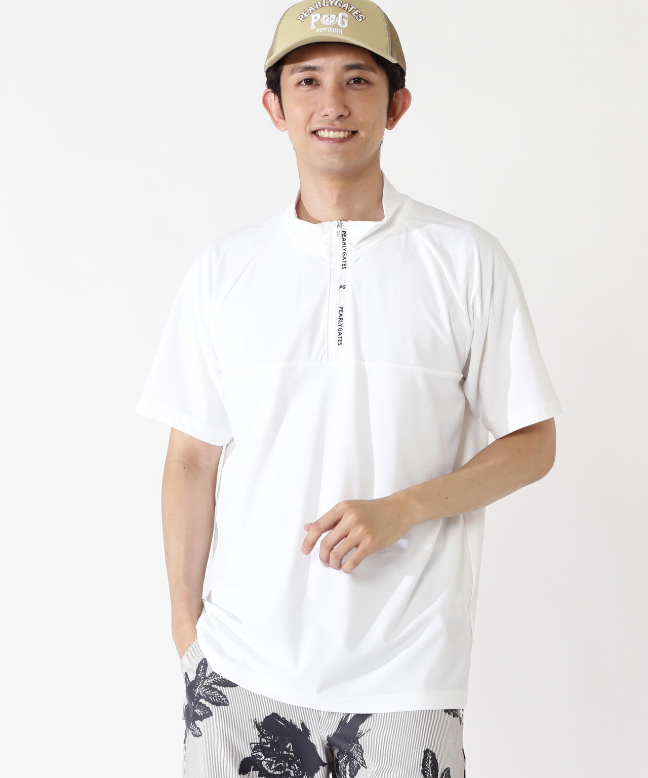 Nyグリッド2WAYトリコット半袖ハーフジップアップカットソー | PEARLY