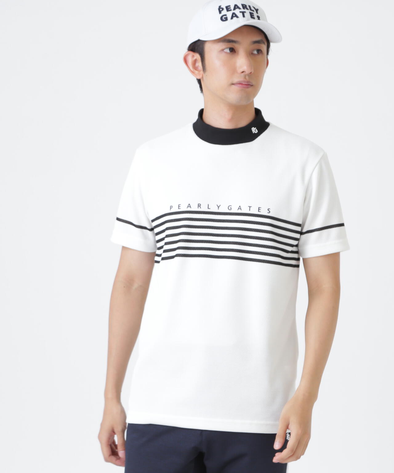 Peメッシュパネルボーダー半袖ハイネックカットソー (MENS) | PEARLY