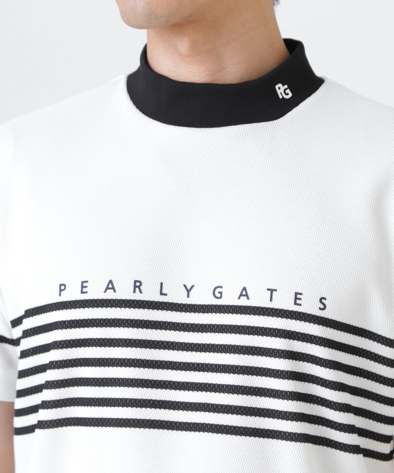 Peメッシュパネルボーダー半袖ハイネックカットソー (MENS) | PEARLY