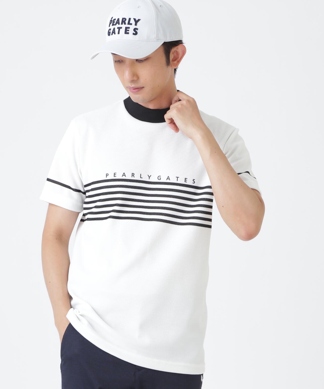 Peメッシュパネルボーダー半袖ハイネックカットソー (MENS) | PEARLY