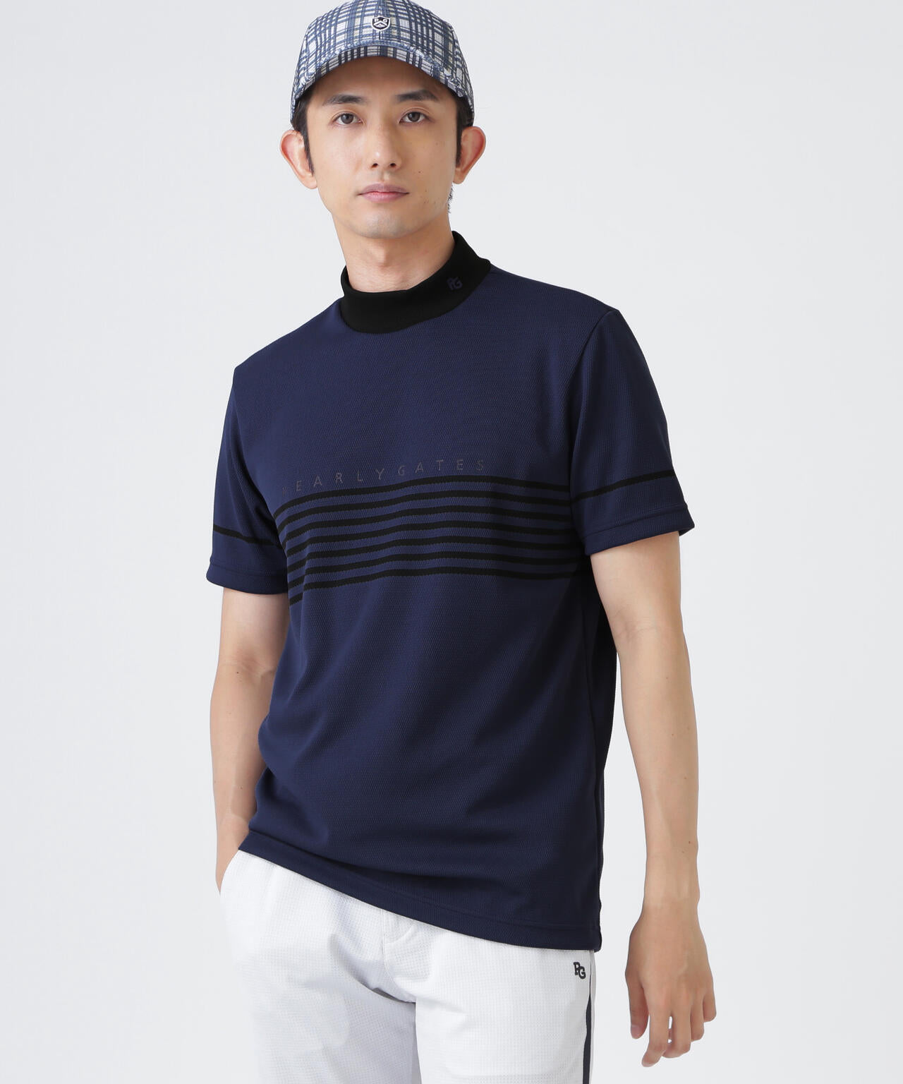 Peメッシュパネルボーダー半袖ハイネックカットソー (MENS) | PEARLY