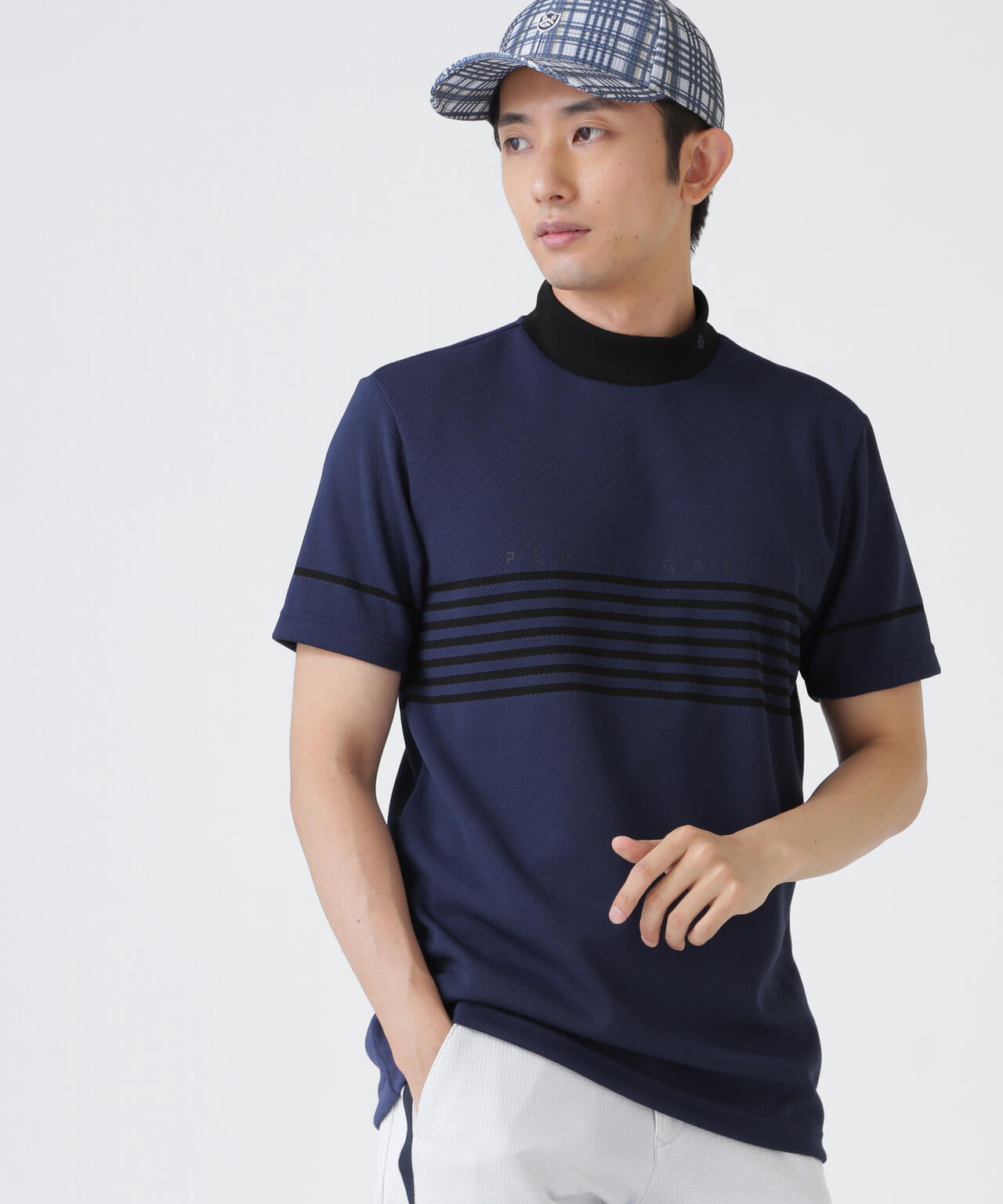 Peメッシュパネルボーダー半袖ハイネックカットソー (MENS) | PEARLY