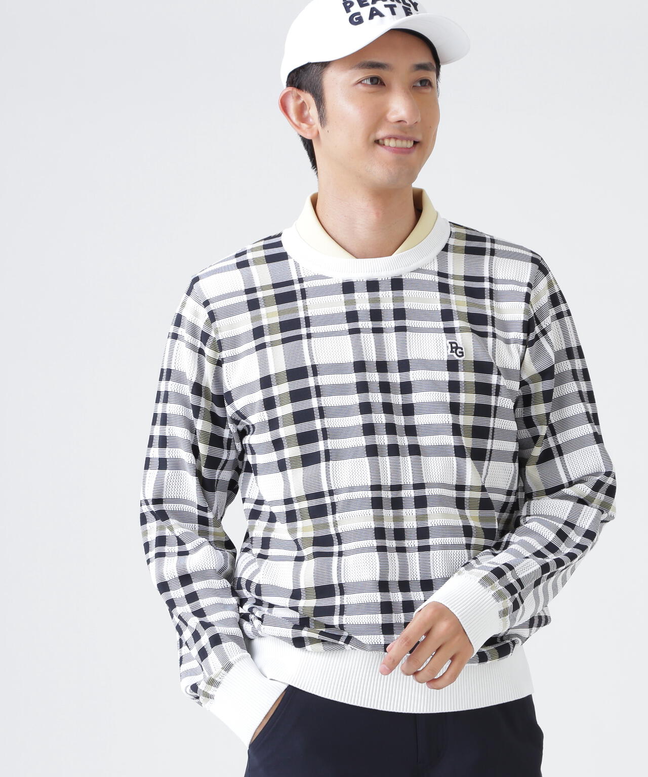 14Gメッシュクルーネックニットプルオーバー ＜チェック柄＞ (MENS