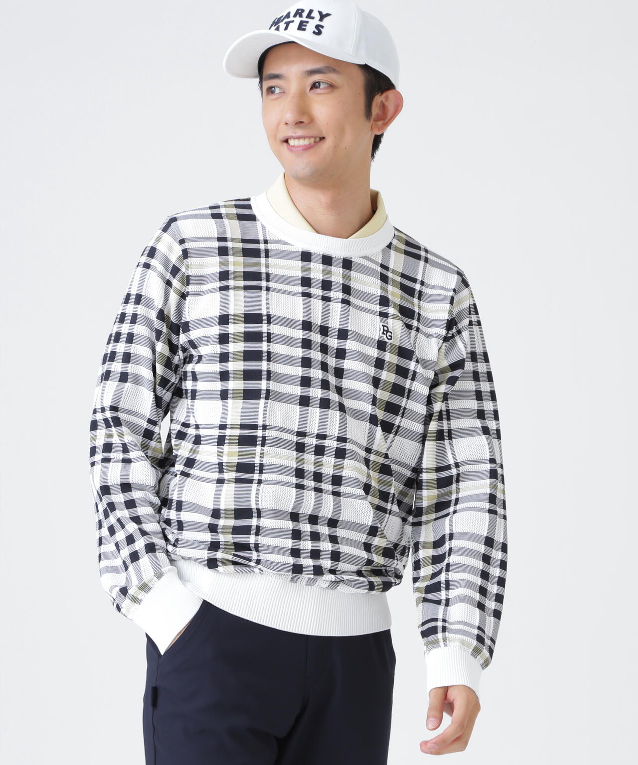 14Gメッシュクルーネックニットプルオーバー ＜チェック柄＞ (MENS