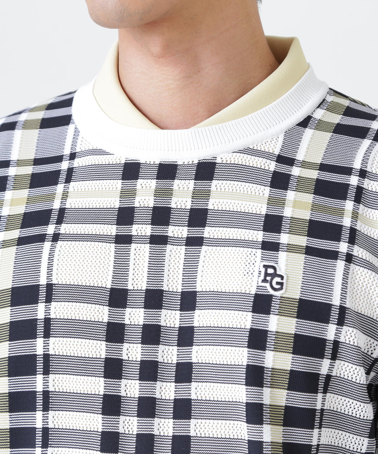 14Gメッシュクルーネックニットプルオーバー ＜チェック柄＞ (MENS