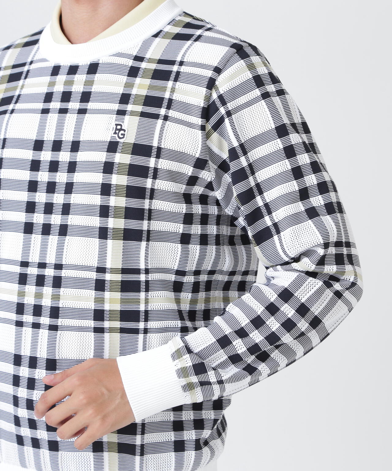 14Gメッシュクルーネックニットプルオーバー ＜チェック柄＞ (MENS