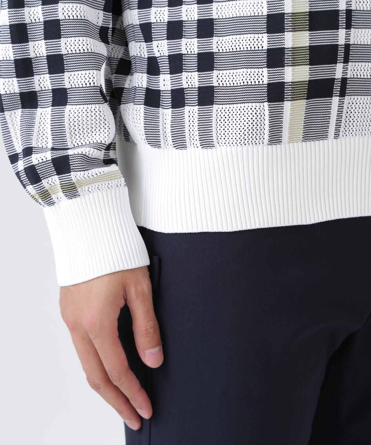14Gメッシュクルーネックニットプルオーバー ＜チェック柄＞ (MENS