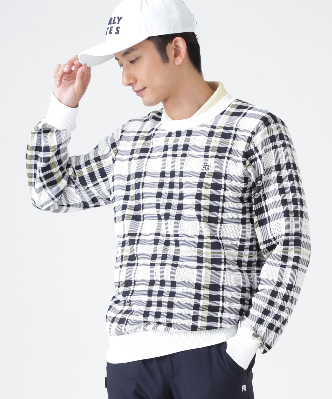 14Gメッシュクルーネックニットプルオーバー ＜チェック柄＞ (MENS