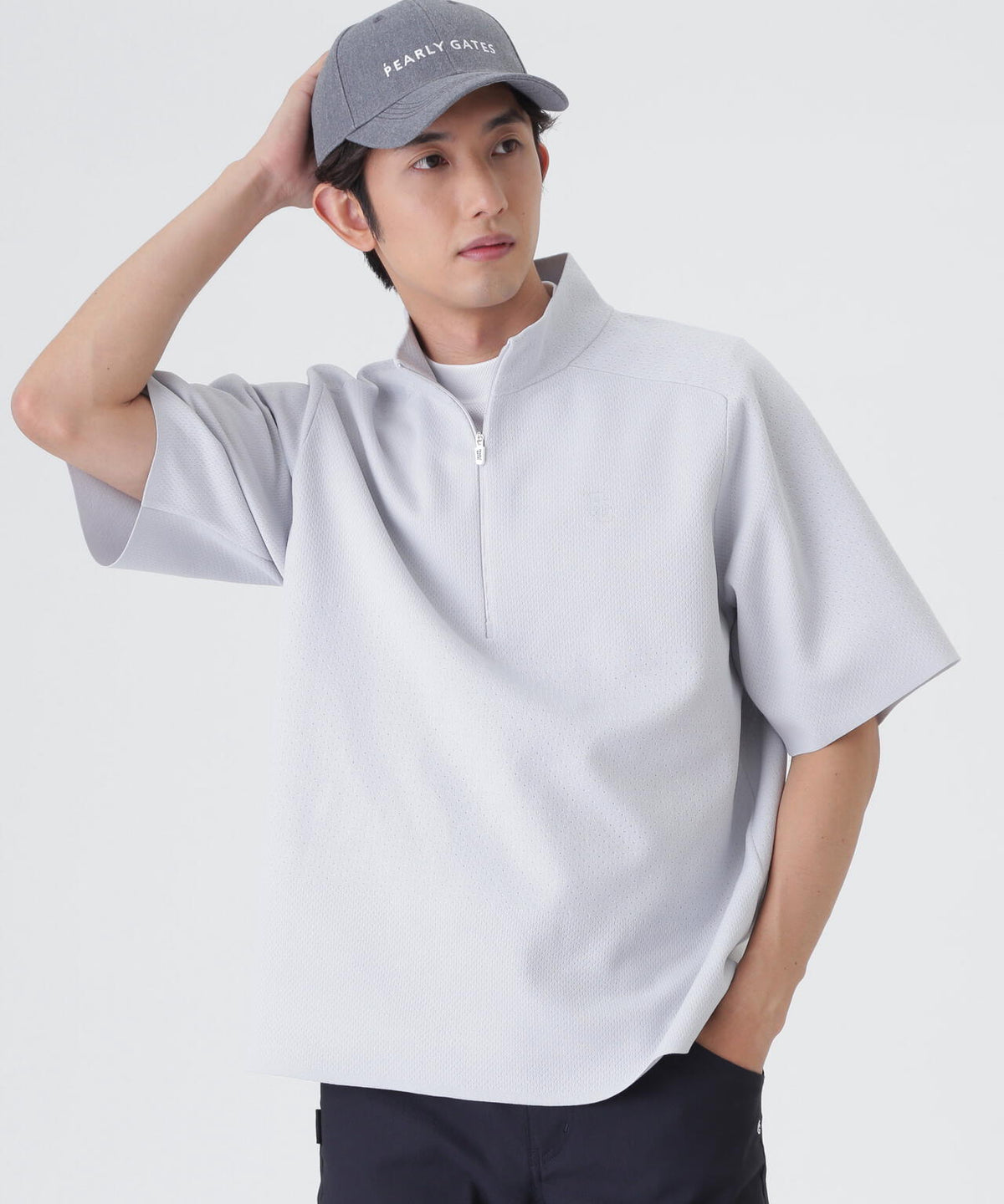 16GメッシュWJQ半袖ハーフジップニットプルオーバー (MENS)