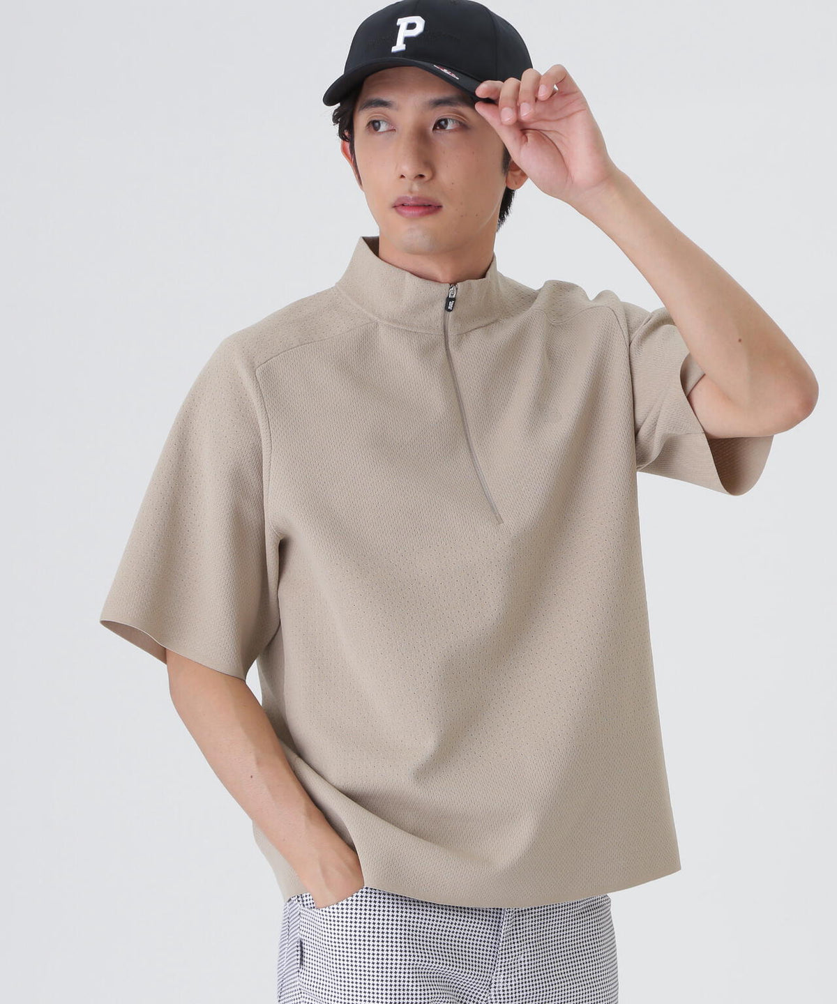 16GメッシュWJQ半袖ハーフジップニットプルオーバー (MENS)