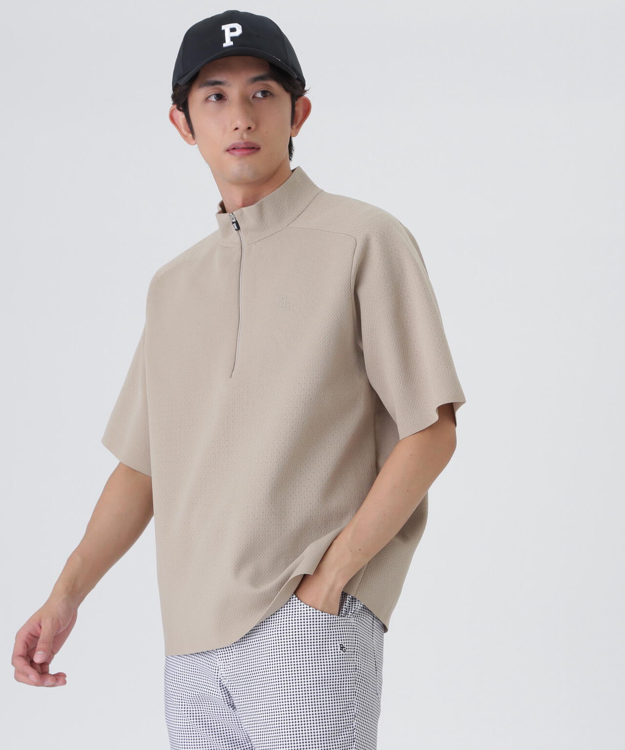 16GメッシュWJQ半袖ハーフジップニットプルオーバー (MENS) | PEARLY