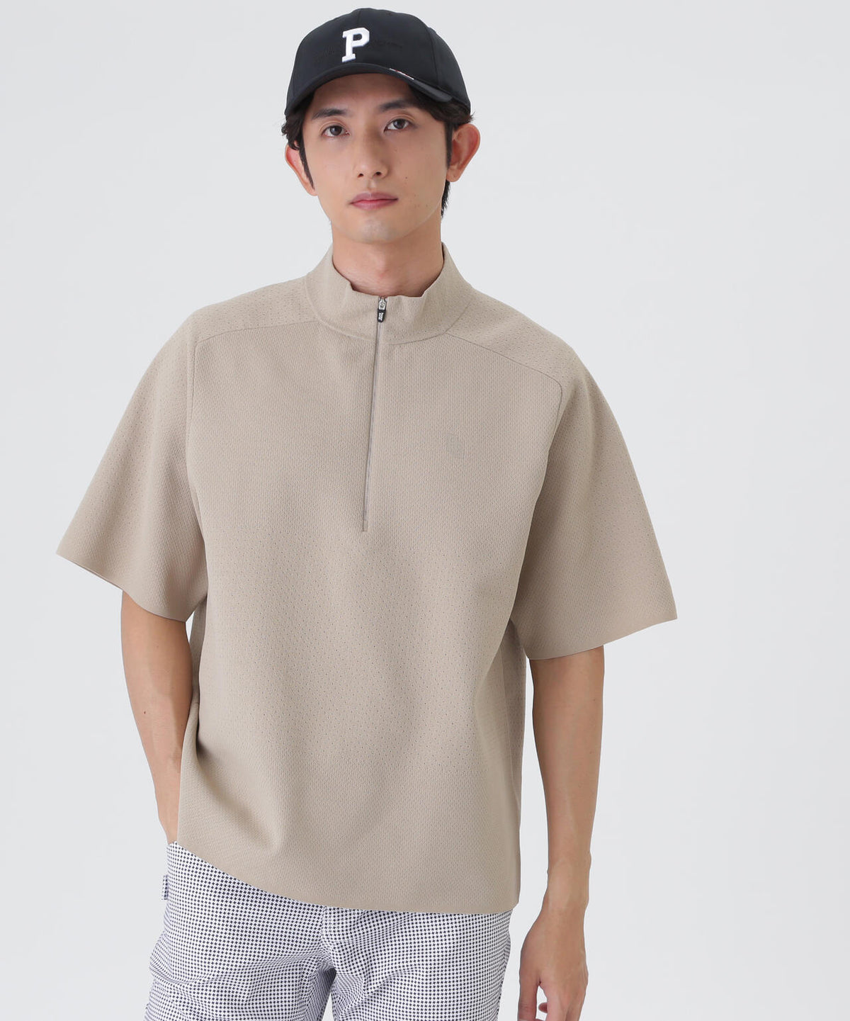 16GメッシュWJQ半袖ハーフジップニットプルオーバー (MENS)