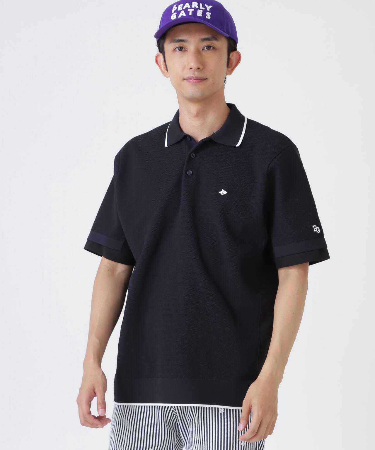 サッカー生地ドッキング半袖ニットポロシャツ (MENS) | PEARLY GATES