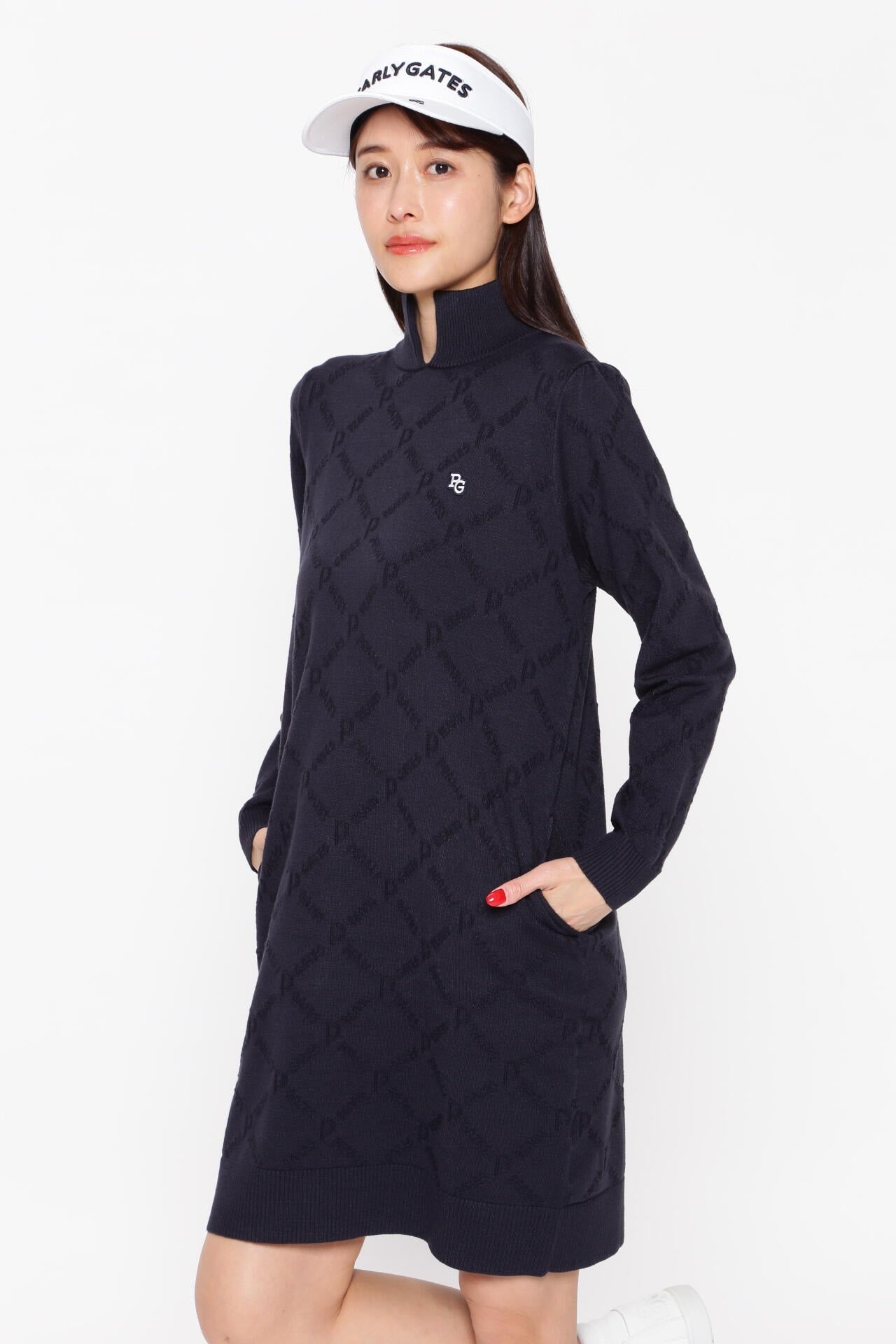 表裏カノコ地柄 起毛ストレッチ ニットワンピース ＜ダイヤロゴ柄