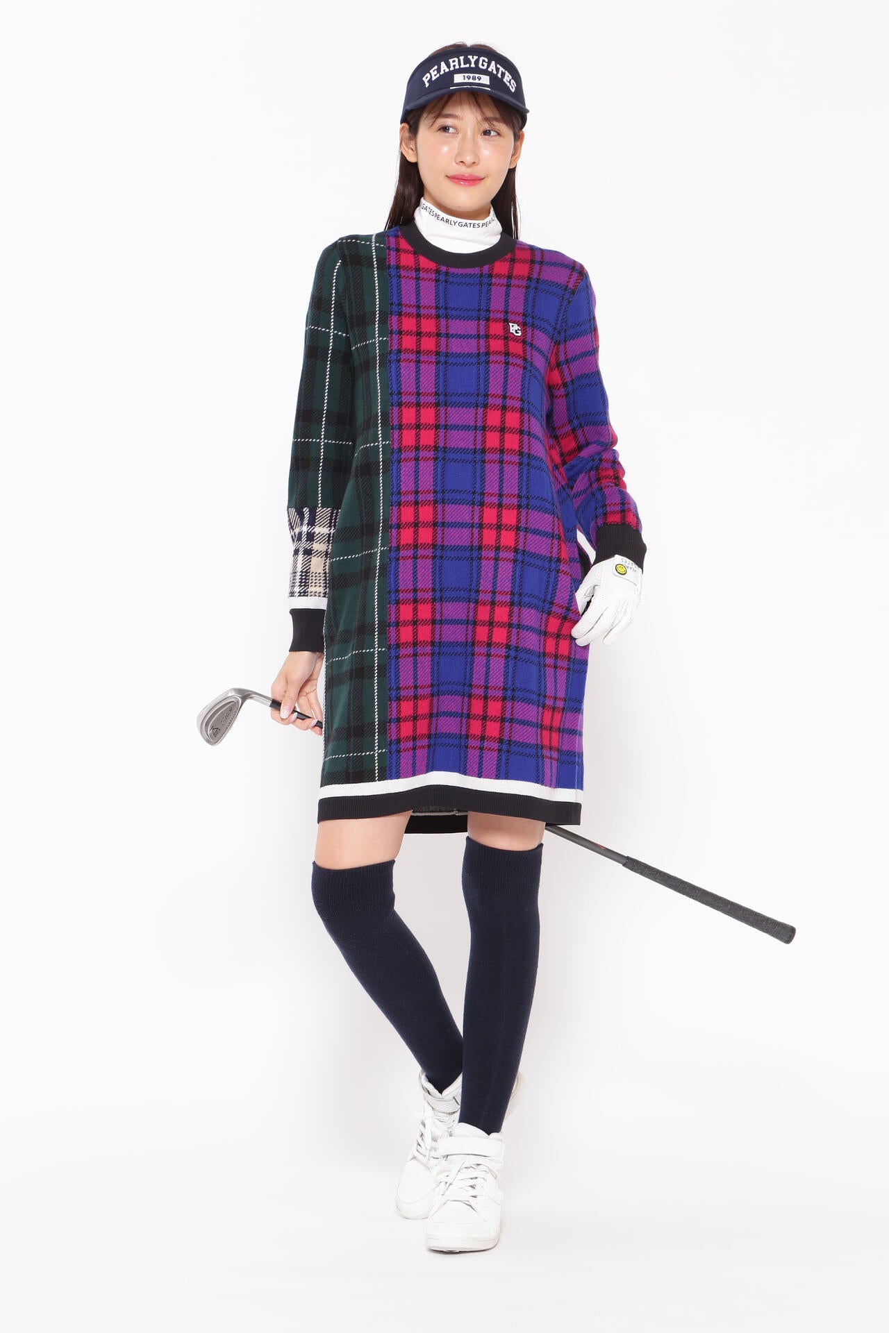 モノトーン/マルチチェック柄 クルーネックニットワンピース ＜マルチ