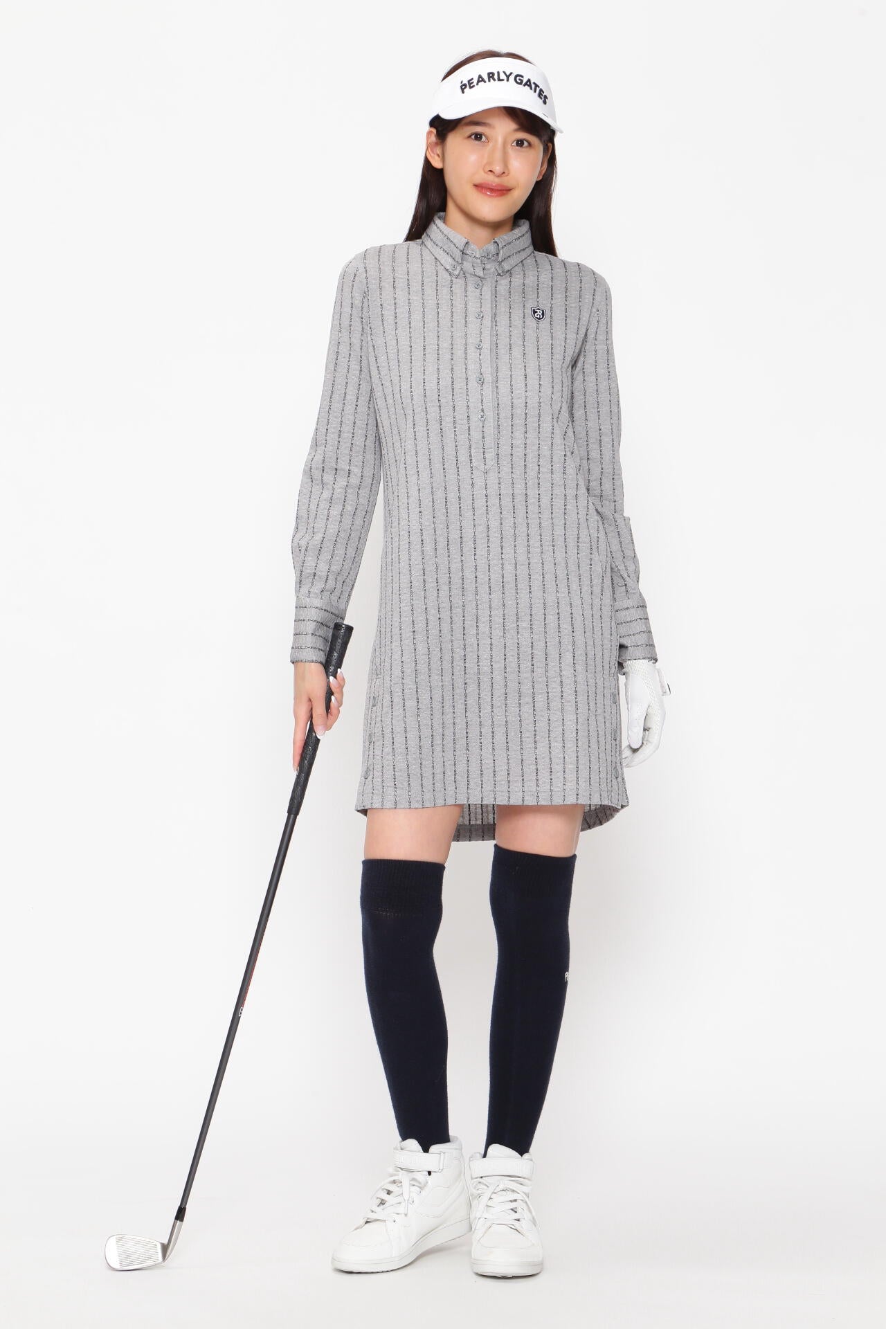 PEARLY GATES カノコサッカーストライプワンピ サイズ0新品未使用 カノコサッカーストライプ長袖カットソーワンピース ＜PGロゴ