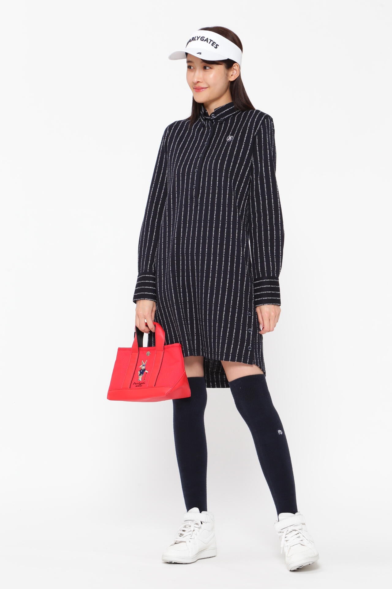 PEARLY GATES カノコサッカーストライプワンピ サイズ0新品未使用 カノコサッカーストライプ長袖カットソーワンピース ＜PGロゴ