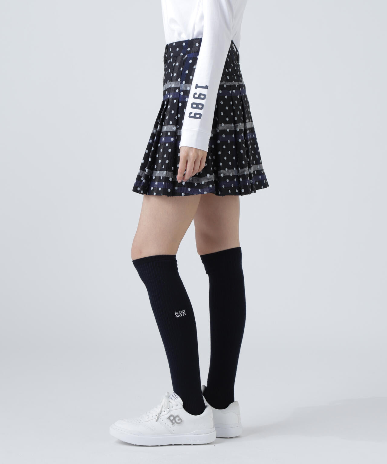 TRストレッチカルゼスカート ＜チェック×ドット柄＞