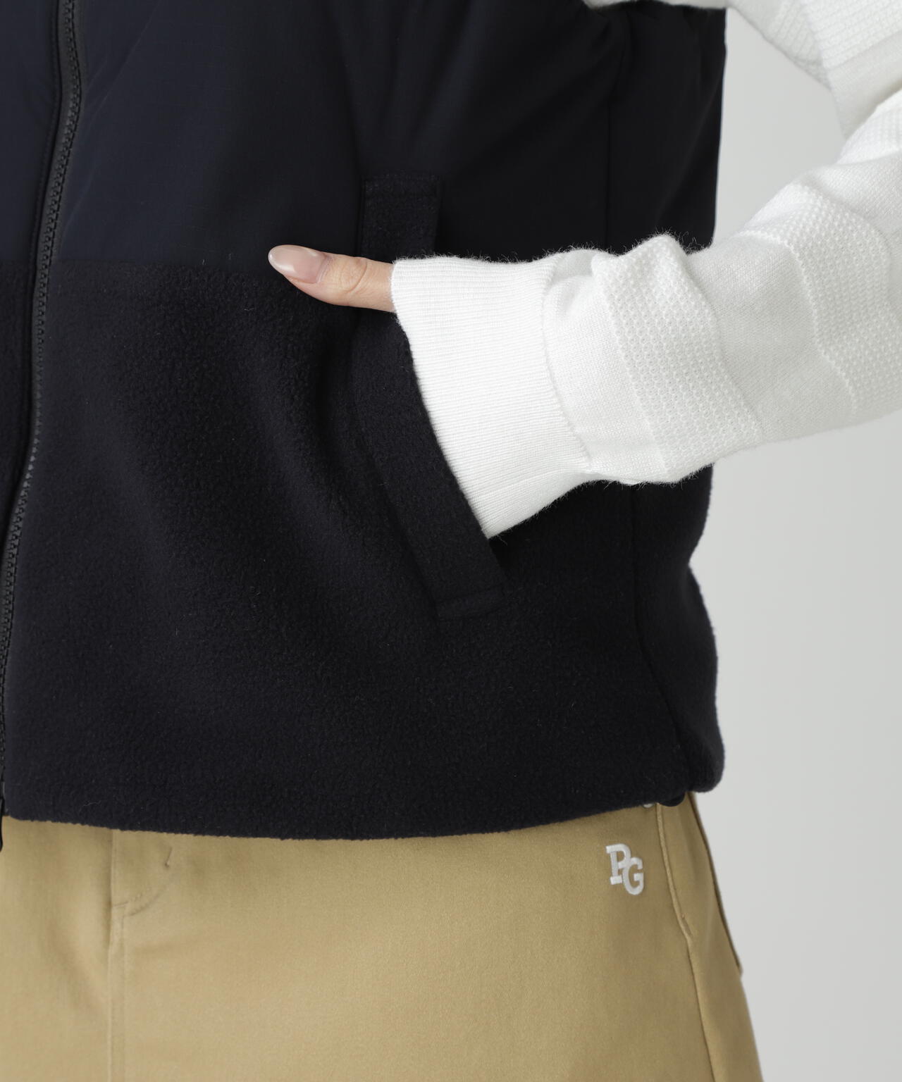 合繊×フリース片面起毛 中綿フルジップアップベスト